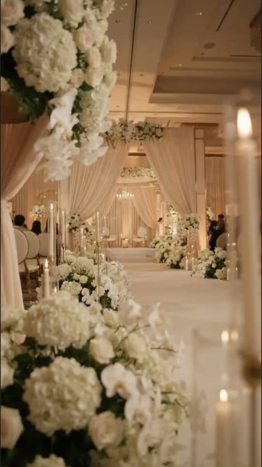 White floral wedding aisle lit by candles