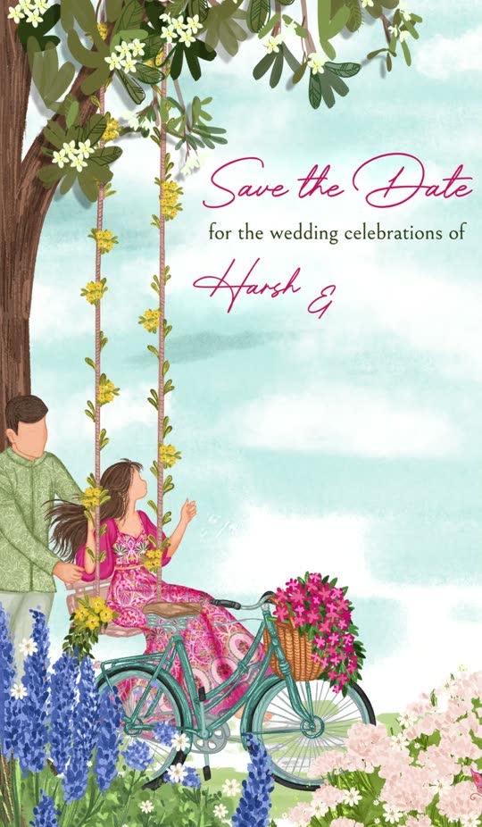 Illustrated couple on a swing under a tree with Save the Date script