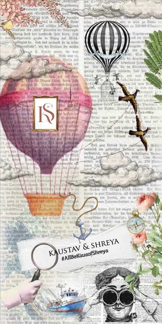 Vintage collage invite with a hot-air balloon and the couple's monogram