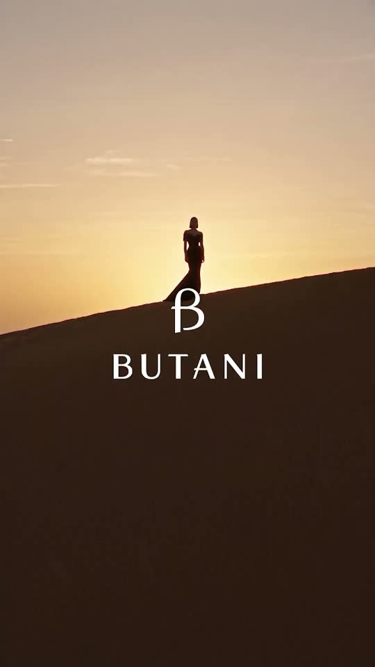 Silhouette on a desert dune at sunset with the Butani logo