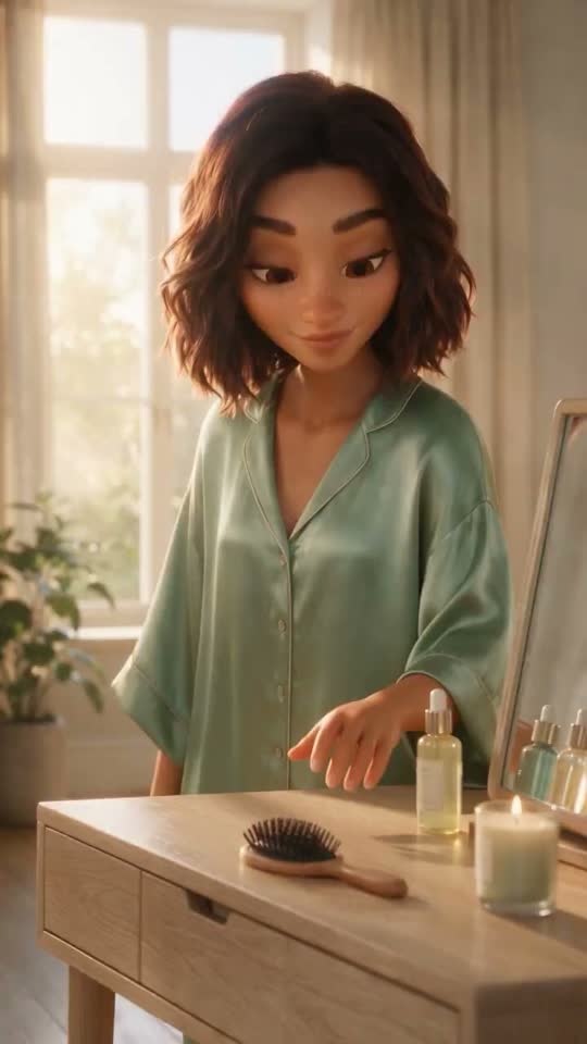Animated character reaching for a serum bottle at a vanity