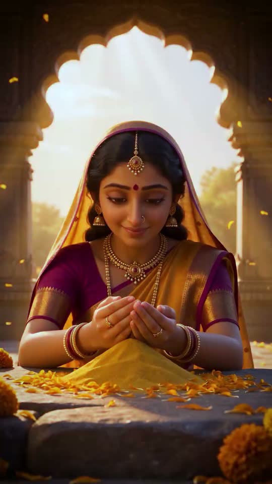 AI-generated woman in a saree offering turmeric under a temple arch
